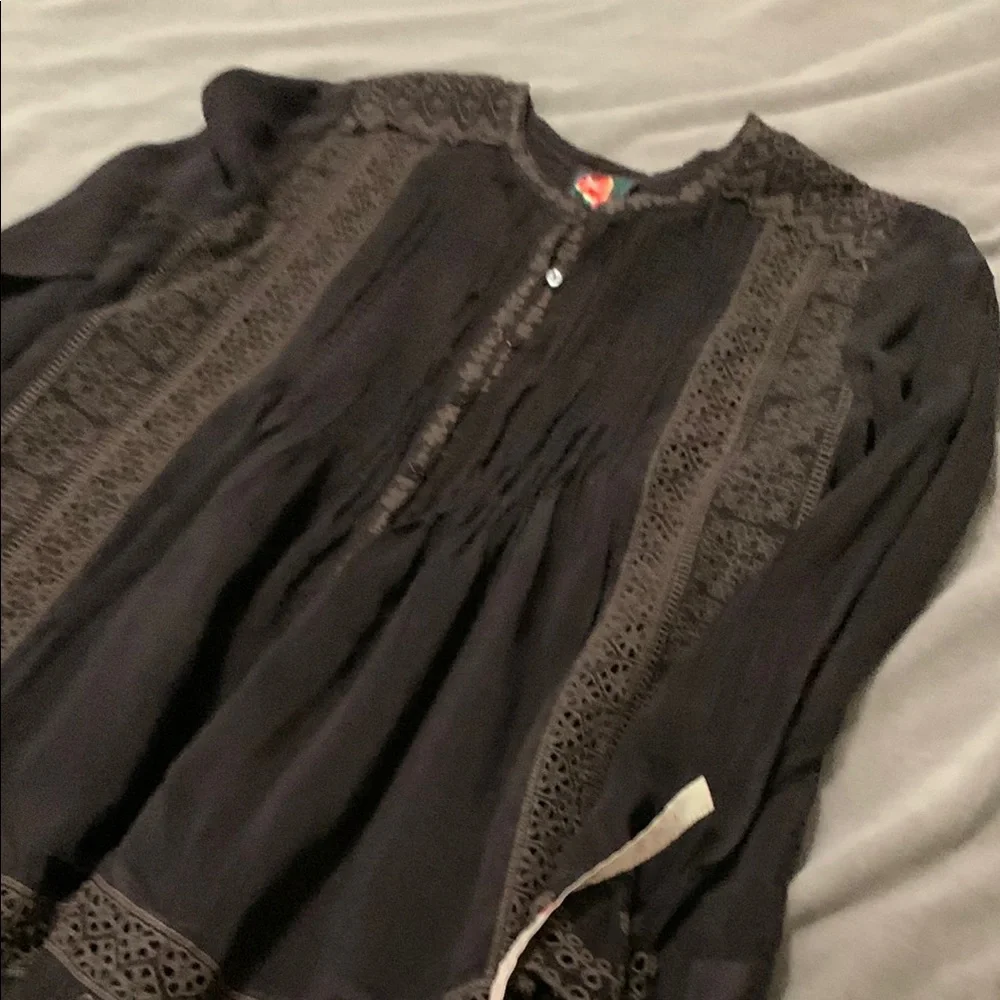 Johnny Was Brown Lace Ruffled Tunic with Mandarin Collar - Picture 12 of 12